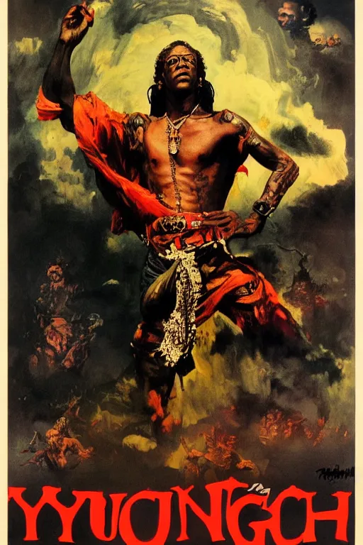 Prompt: Movie poster of Young Thug, by frank frazetta, ilya repin, 8k, hd, high resolution print