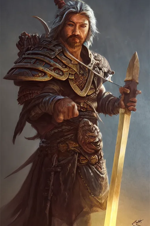 Image similar to warrior with dragon features in his face, wearing a simple robe, holding a war hammer, highly detailed, d & d, fantasy, highly detailed, digital painting, trending on artstation, concept art, sharp focus, illustration, global illumination, shaded, art by artgerm and greg rutkowski and fuji choko and viktoria gavrilenko and hoang lap