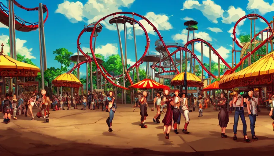 Prompt: concept art from a amusement park on a old civilization as a scenario background of kof snk 2 0 0 0 by jama jurabaev, cel shaded, cinematic shot, trending on artstation, high quality, brush stroke, amusement park on a old civilization