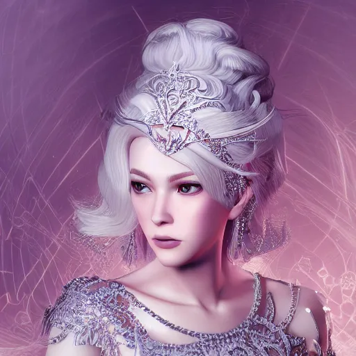 Image similar to wonderful princess of white diamonds with fair skin, white hair, white flowers, ornate with white diamonds, 8 k, gorgeous, intricate, detailed, glowing white accent lighting, dramatic lighting, octane render