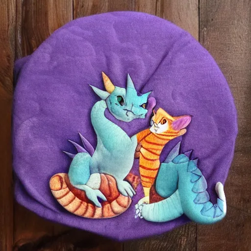 Image similar to small cute purple dragon, the dragon is hugging an orange tabby cat, fantasy, cozy