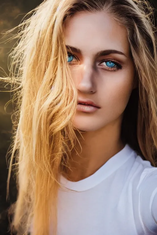 Image similar to olive skinned blonde female model in her twenties with green eyes, wearing a designer top, looking content, focused on her neck, photo realistic, extreme detail skin, natural beauty, no filter, slr, golden hour, 4 k, high definition, selfie