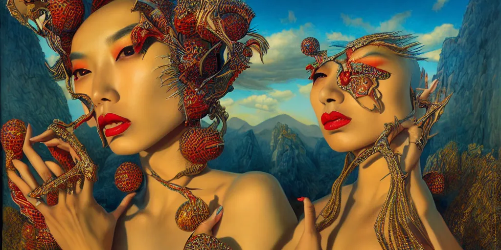 Prompt: giesha demon, innovative avant - garde art, deco fashion, asian women, highly detailed, photorealistic portrait by michael cheval, serene desert setting, crisp quality and light reflections, octane render, taror card with ornate border frame