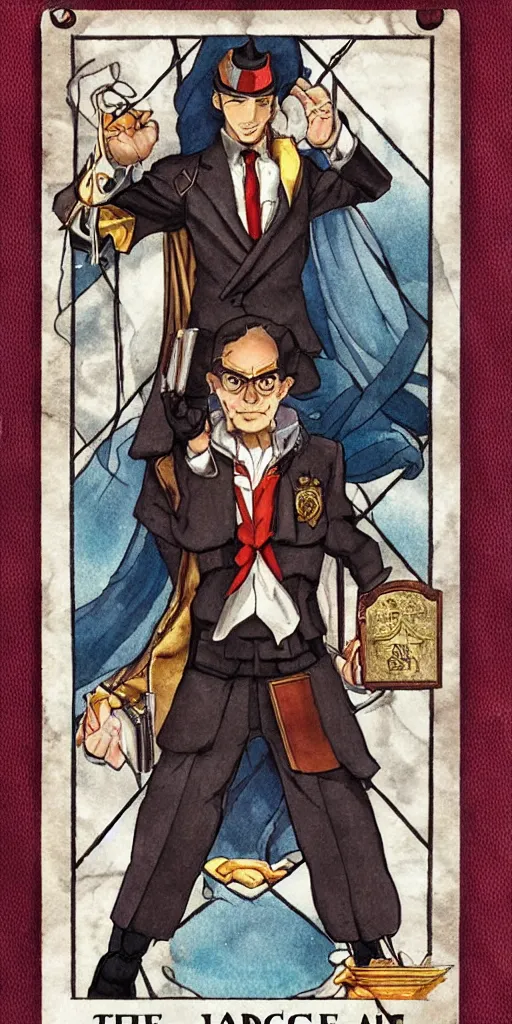 Image similar to the judge from Ace Attorney with a beam scale in one hand. Tarot card Justice, impressive art, detailed, single subject, high quality