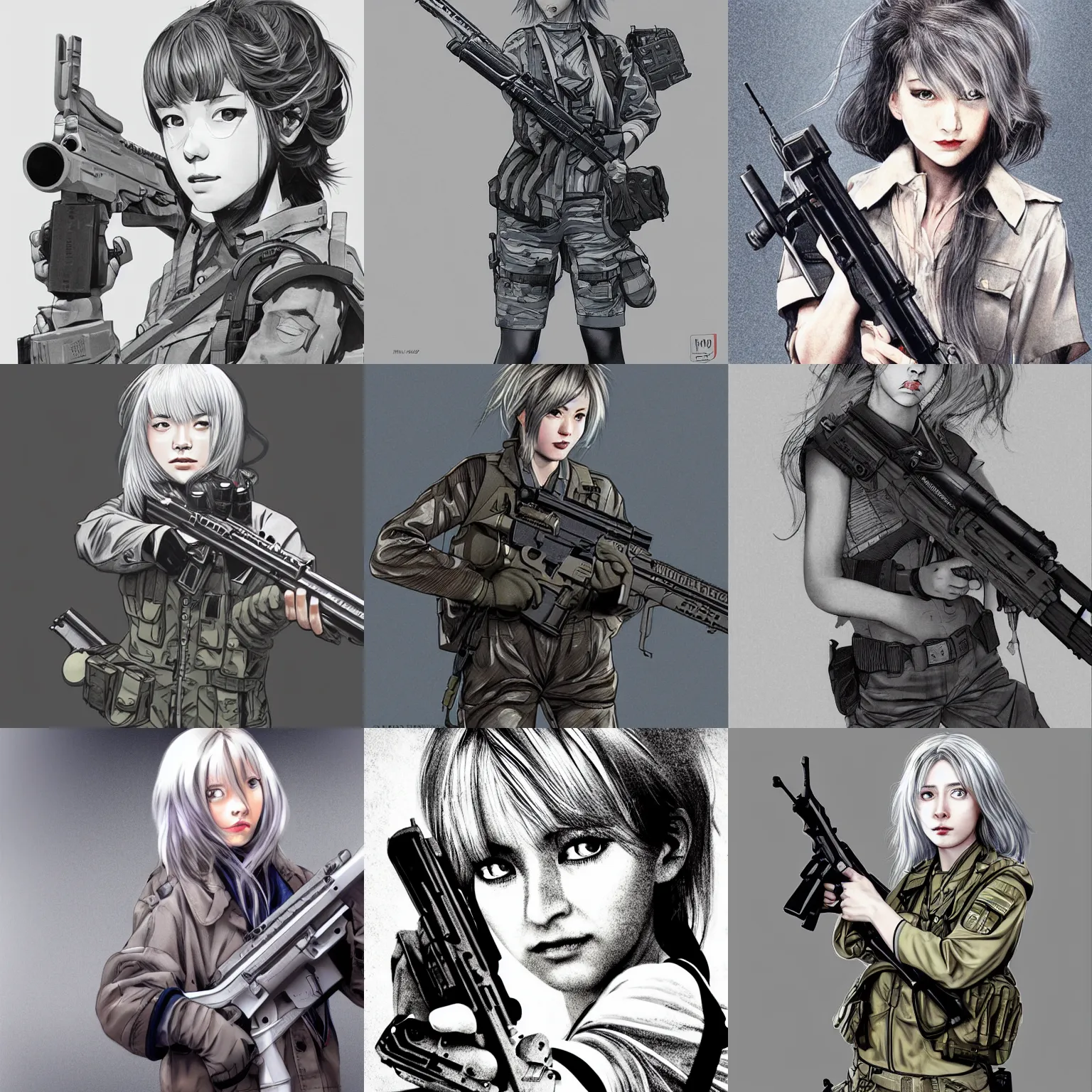 Prompt: silver hair girl holding a gun, multicam, cinematic portrait, ilustration by Takehiko Inoue