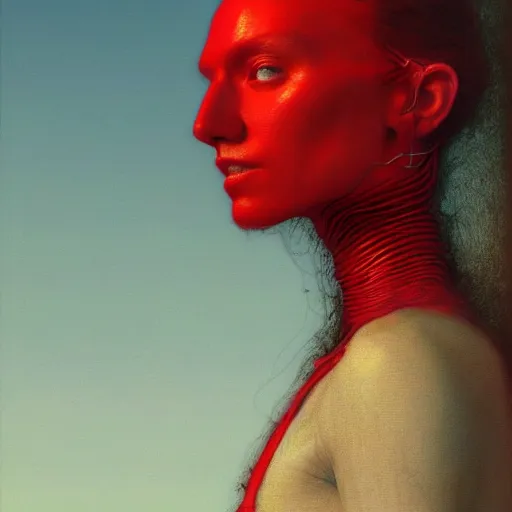 Image similar to Portrait Masterpiece, Wanda Maximoff, extremely skinny, red, glowing, wires everywhere, by Edgar Maxence and Ross Tran, Zdzisław Beksiński, and Michael Whelan, distant, gustav dore, H.R. Giger, 8k, octane render