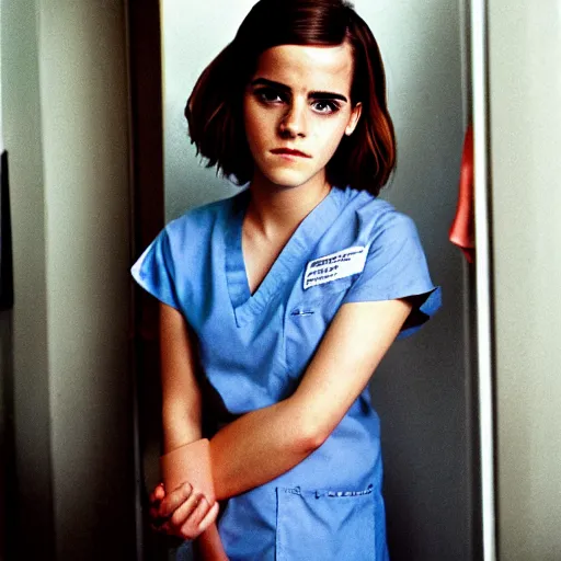 Image similar to emma watson, nurse scrubs, hospital, portrait, mouth open, full body, award winning, kodak ektachrome expired blue tint,