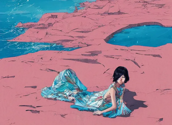 Prompt: lee jin - eun in luxurious dress emerging from turquoise water in egyptian pyramid city during an eclipse by conrad roset, m. k. kaluta, martine johanna, rule of thirds, elegant look, beautiful, chic