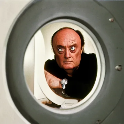 Image similar to portrait of Klingon Chancellor Gowron as he inspects a 2 inch round hole in the wall of the bathroom stall at a gas station