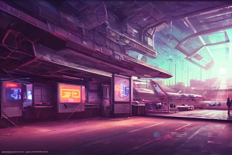 Prompt: Ultra realistic illustration, a run down battered spaceport in the outskirts of Tavlos city, a refuelling station filling up an old transporter waiting to take off, soft neon lights, fuelling cables on the floor, cyberpunk, sci-fi, fantasy, intricate, elegant, highly detailed, digital painting, artstation, concept art, smooth, sharp focus, illustration, dramatic lighting, art by Syd Mead and Giger