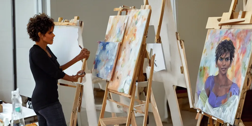 Image similar to halle berry, stands at her easel, painting a self portrait