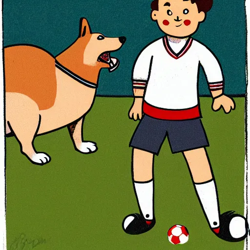 Image similar to illustration of french boy in paris playing football against a corgi who is wearing a polka dot scarf