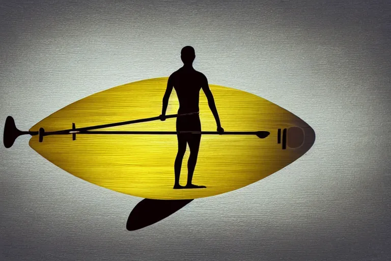 Image similar to beautiful serene person on a paddle board sup, healing through motion, life, minimalistic golden and ink airbrush painting on white background