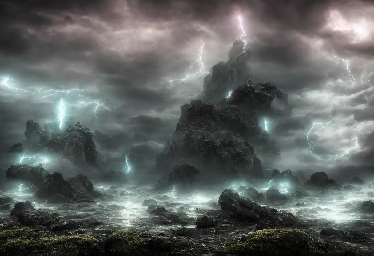 Image similar to Photorealistic epic misty landscape with magical floating rocks, with ominous storm clouds, bioluminescent glowing runes, stones falling from the sky, a gentle rising mist. occult photorealism, UHD, amazing depth, cinematic lighting, epic scale, glowing rich colors, powerful imagery, psychedelic Overtones, concept art