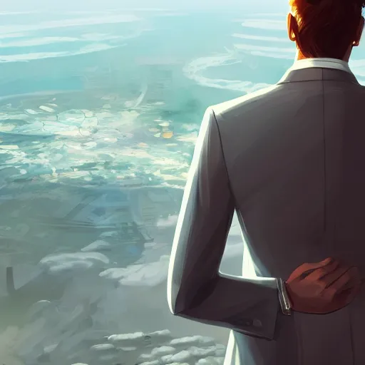 Prompt: A rich man in a suit looking out of the window of a space station ,D&D, elegant, hopeful, muscular, highly detailed, badass digital painting, artstation, concept art, smooth, sharp focus, illustration