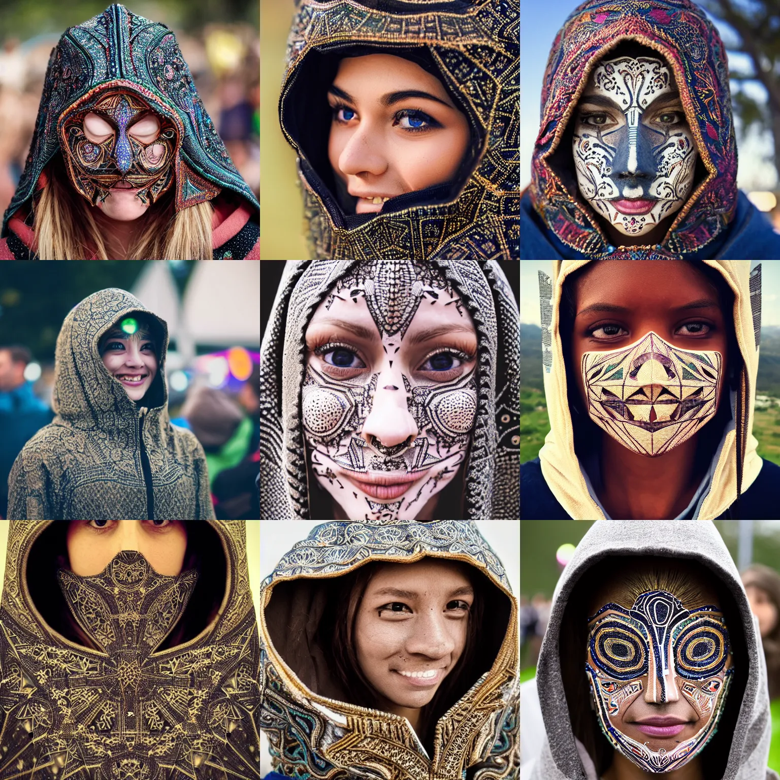 Prompt: the face of a beautiful calm and happy person at a festival who has glimpsed the fourth dimension with geometry on face, wearing a detailed hood, with a intricately detailed, beautiful face, detailed eyes, award winning, 8 k