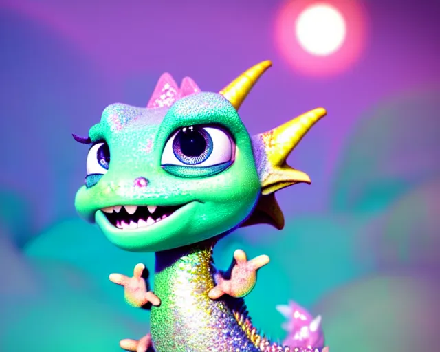 Image similar to a cute cute baby dragon, big eyes, soft scale texture, pastel colours, colorful, shiny glitter crystals, cute, adorable, pixar animation style, detailed, soft light, octane render, cute, 4 k,