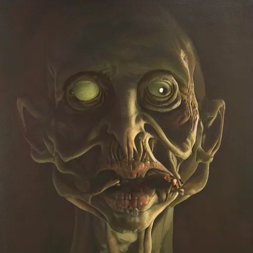 Image similar to Oil painting by Christian Rex Van Minnen of a portrait of an extremely bizarre disturbing mutated man with intense chiaroscuro lighting very detailed insanely creepy perfect composition