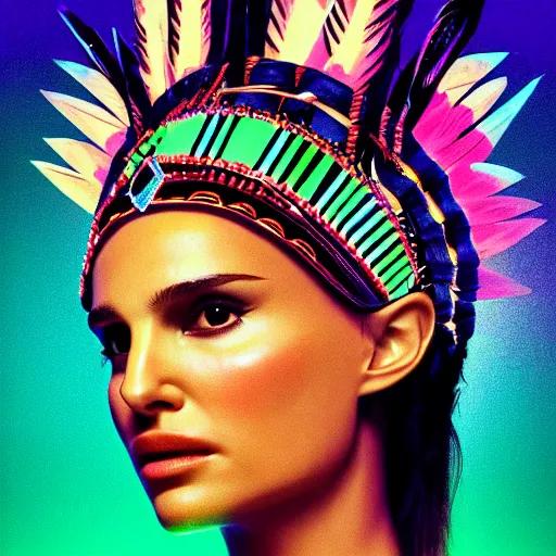 Prompt: natalie portman wearing native american headdress in a neon synthwave style, 4 k, 8 k, backlit, beautiful, magical, trending digital art portrait