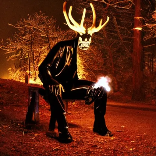 Image similar to candid night time photograph of a wendigo sitting down and smoking Marlboro Red cigarettes, wearing full leather gear
