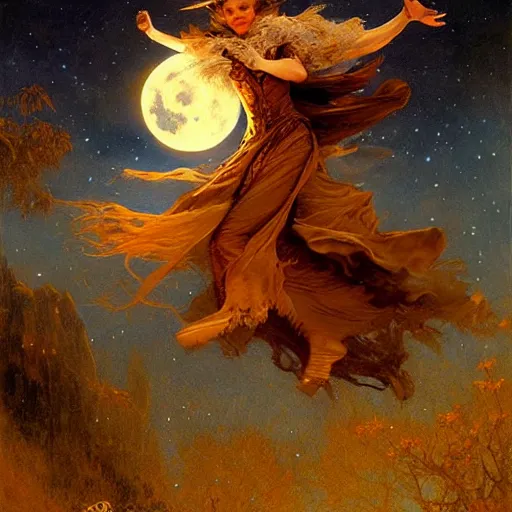 Image similar to witch magically flying trough the night, fantasy, full moon in background. highly detailed painting by gaston bussiere, craig mullins, j. c. leyendecker 8 k