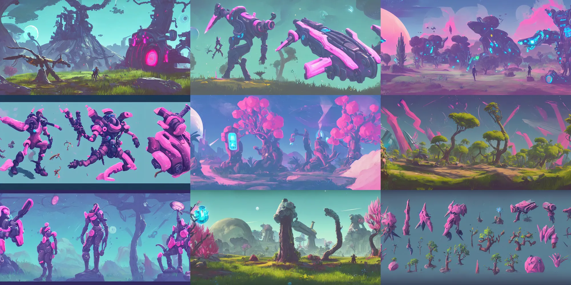 Prompt: game asset of plant and tree, in gouache detailed paintings, props, stylized, png, sprites, photobash, side view, 2 d, arcane, overwatch, blue and pink color scheme, futuristic, no mans sky, sci - fi, 8 k, close up