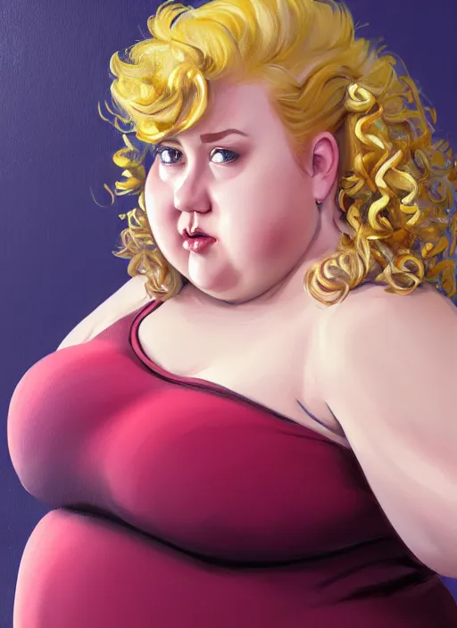 Image similar to full body portrait, teenage betty cooper, blonde hair, obese, bangs, ponytail, sultry, realistic, sultry smirk, fluffy bangs, curly bangs, fat, belly, beautiful girl, intricate, elegant, highly detailed, digital painting, artstation, concept art, smooth, sharp focus, illustration, art by wlop, mars ravelo and greg rutkowski