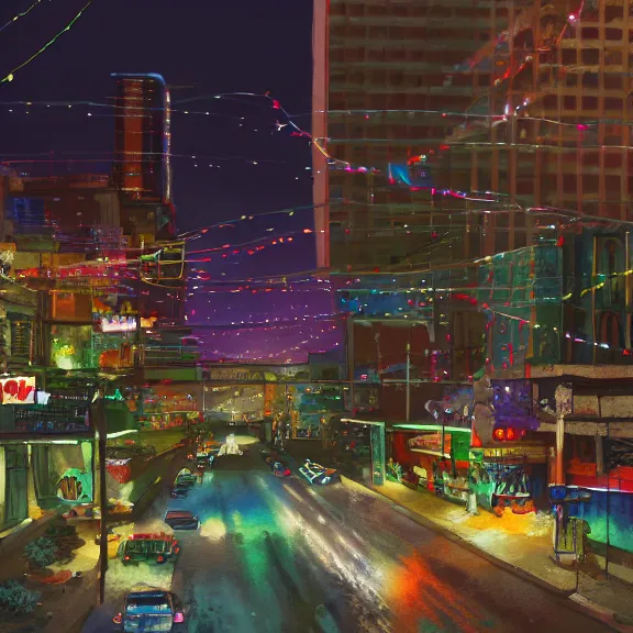 Image similar to Downtown Mexico, string lights, colorful lighting, night, realism, gta 5 screenshot, by Tooth Wu, by Lienzo Óleo Paisaje, by Greg Rutkowski