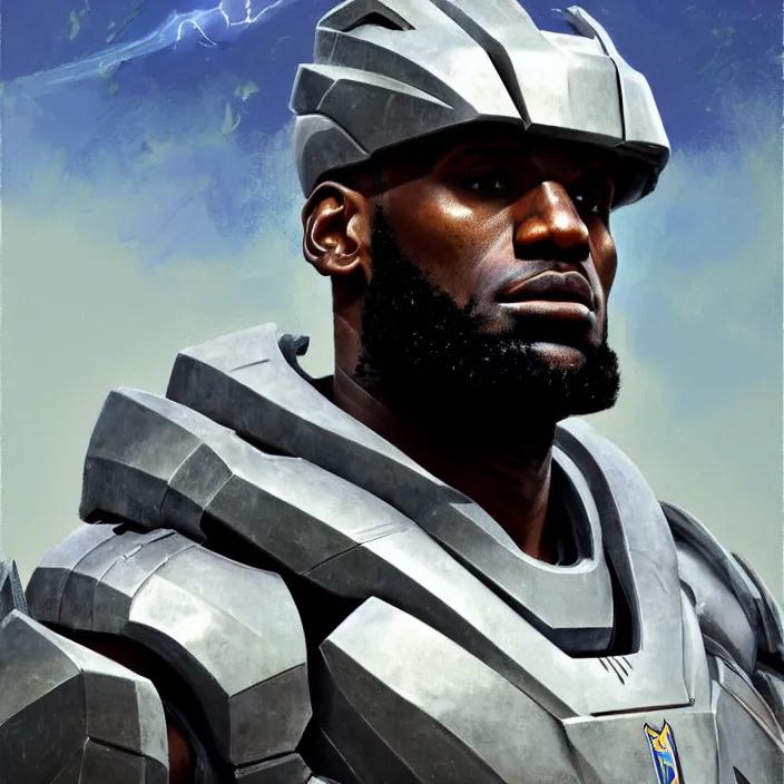 Image similar to LeBron James wearing Forerunner armor from Halo, countryside, calm, fantasy character portrait, dynamic pose, above view, sunny day, thunder clouds in the sky, artwork by Jeremy Lipkin and Giuseppe Dangelico Pino and Michael Garmash and Rob Rey and Greg Manchess and Huang Guangjian, very coherent asymmetrical artwork, sharp edges, perfect face, simple form, 100mm