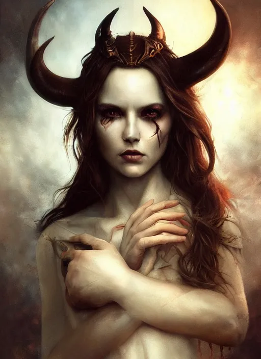 Prompt: a hauntingly beautiful woman with horns, painted by artgerm and tom bagshaw, fantasy art, dramatic lighting, highly detailed oil painting