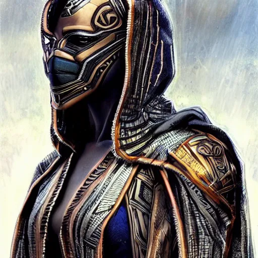 Image similar to wakandan warrior with cyberpunk and steampunk style armor wearing a long hooded cloak that is a bit torn, ultra realistic, concept art, intricate details, eerie, horror, highly detailed, photorealistic, octane render, 8 k, unreal engine. art by artgerm and greg rutkowski and alphonse mucha