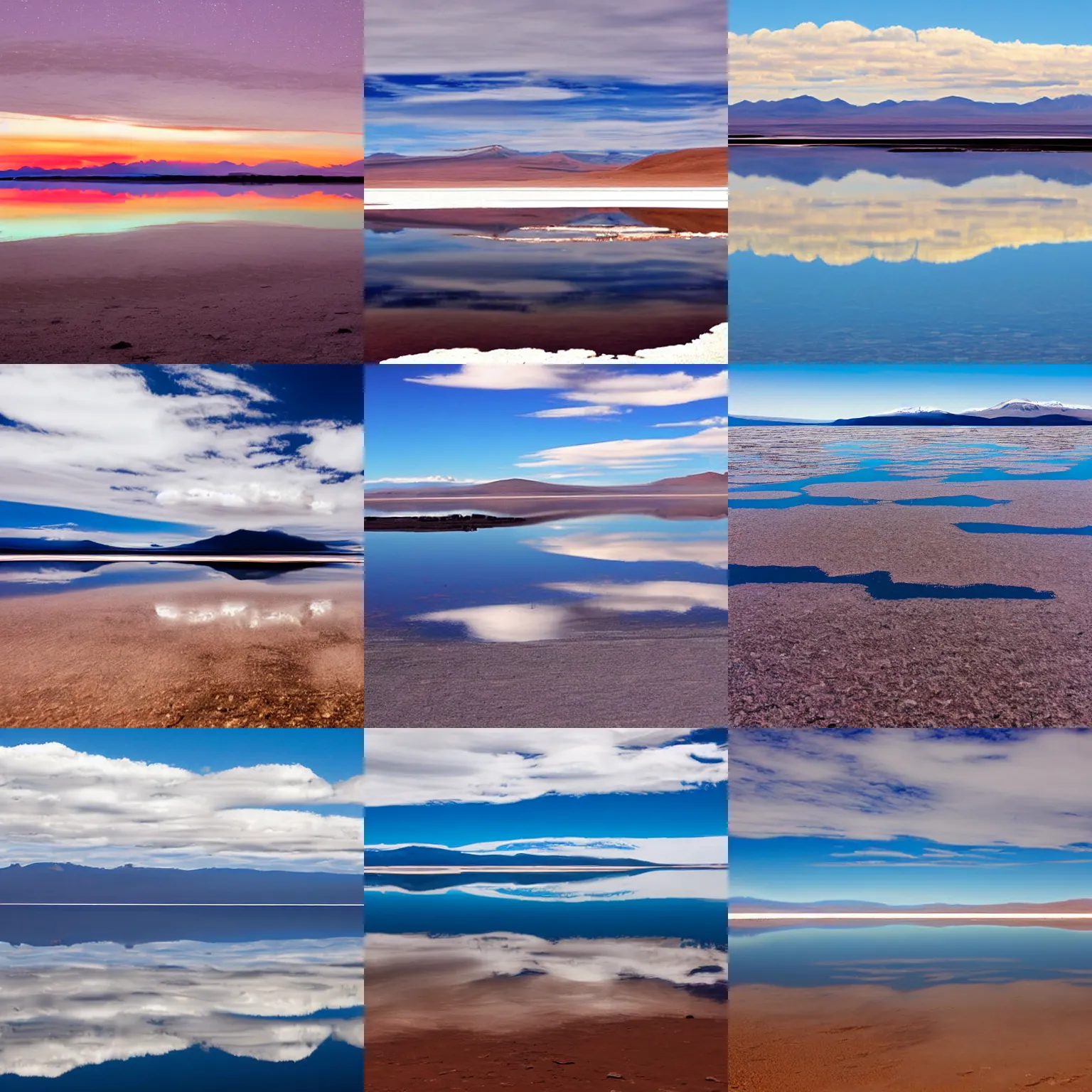 Prompt: salar de uyuni photo, perfectly flat water reflection of the sky