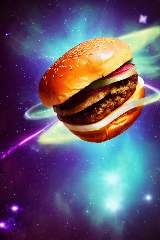 Prompt: a cheeseburger flying apart in space. nebula background. highly detailed. airbrush, beautiful lighting, chiaroscuro