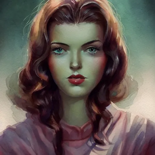 Image similar to 1940s style brunette haired girl, green eyes, artstation, watercolor, highly detailed, portrait, by Charlie bowater