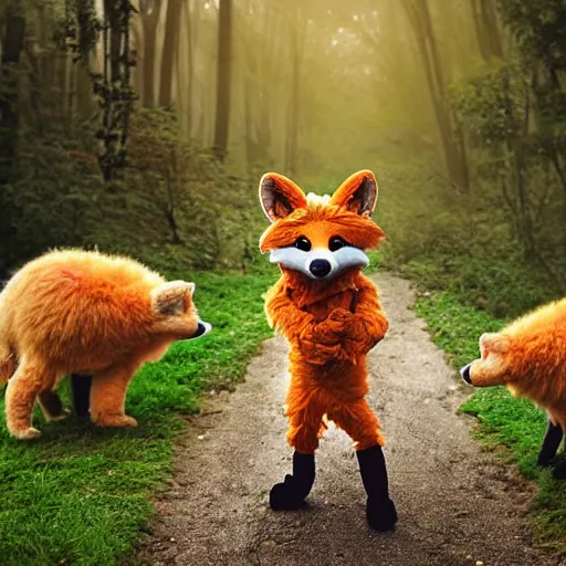 Image similar to a chibi foxfolk muppet druid wearing a hooded cloak with a small herd of random muppet animals following behind, sesame street, photograph, photography, ultrarealistic, national geographic