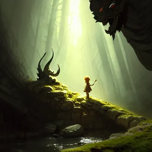 Prompt: a young viking boy meeting a dragon in a dark cave. a fairy - tale wonderland illustration by greg rutkowski, in the style of howls moving castle. smooth concept art, 4 k matte thomas kinkade, trending artstation, alphonse mucha, god rays. beautiful digital painting