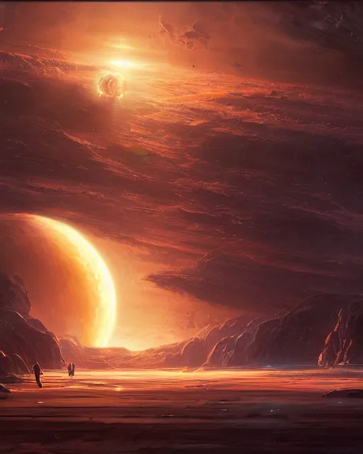 Image similar to A matted painting of humanoid Aliens of the Sun on a spaceship environment with expansive views of space, inspired by greg rutkowski and Keith Mallett and felix kelly, digital art, insanely detailed extremely moody lighting, glowing light and shadow, atmospheric, shadowy, cinematic