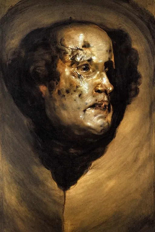 Prompt: mysterious portrait of medici emerging from the dark void, face partially melting like cheese, figure in the darkness of renaissance, Francisco Goya, painted by John Singer Sargant, Adrian Ghenie, style of Francis Bacon, highly detailed, 8k, trending on artstation