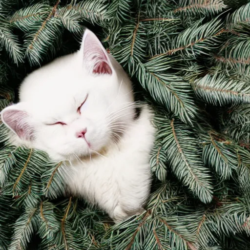 Image similar to a superhero white cat sleeping on bed of pine needles, anime