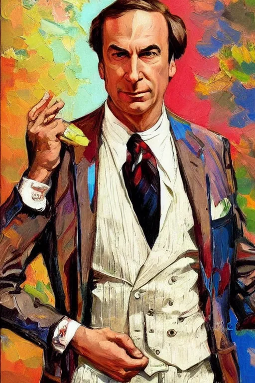 Image similar to saul goodman in colorful suit, painting by jc leyendecker!!, angular, brush strokes, painterly, vintage, crisp