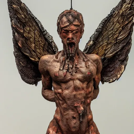 Image similar to photo taken of an epic intricate, ultra detailed, super realistic gritty, terrifying, lifelike sculpture of a biblical correct winged angel design created by weta workshop, zoomed in shots, photorealistic, sharp focus, cold colour temperature, f 0. 4, face centred