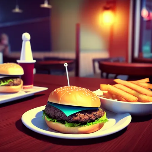 Image similar to a cat eating a burger at a diner, unreal engine, octane render, artgerm, artstation, art jiro matsumoto, high quality, intricate detailed 8 k, sunny day
