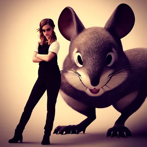 Prompt: emma watson posing next to a real live giant mouse, digital portrait, artstation