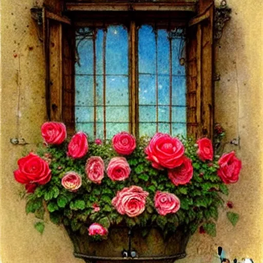 Image similar to ( ( ( ( ( intricate window with roses flower pot. muted colors. ) ) ) ) ) by jean - baptiste monge!!!!!!!!!!!!!!!!!!!!!!!!!!!