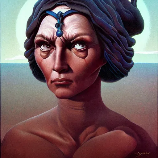 Image similar to conjecture of wise old beautiful woman face Desert Spirit, under unresolved evil moon illusion, in the style of Frank Frazetta, Jeff Easley, Caravaggio, extremely clear and coherent, clear lines, 8K revolution