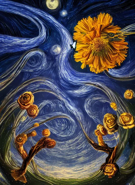 Prompt: An epic fantastic realism comic book style painting of the most beautiful entwined flowers launched across the dark and starry night sky, nebulous bouquets, fisheye lens, unreal 5, DAZ, hyperrealistic, octane render, dynamic lighting