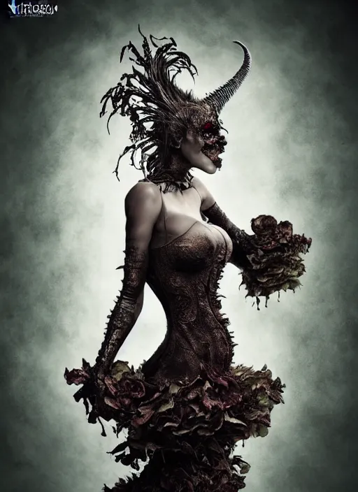 Image similar to expressive full body photo of demoness, dress made of cabbages, glamour shot, by karol bak, stefan gesell, photorealistic, nikon d 4 x, fashion photography, hyper maximalist, elegant, ornate, luxury, elite, environmental portrait, symmetrical features, octane render, unreal engine, solid dark grey background, dramatic lights