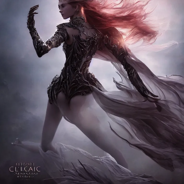 Prompt: beautiful cinematic fantasy poster, a beautiful fashion model wearing haute couture in dynamic full body dance pose, full body shot, ultrawide angle epic scale, hybrid from The Elden Ring and art direction by Darius Zawadzki ;by artgerm; wayne reynolds art station; cinematic quality character render; low angle; ultra high quality model; production quality cinema model;