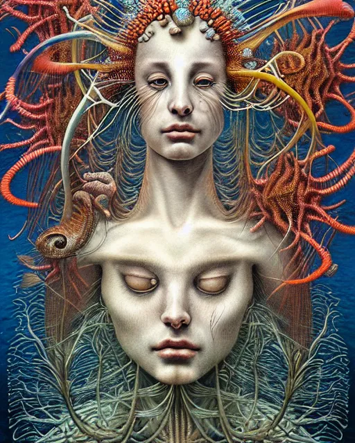 Image similar to realistic detailed underwater portrait of the beutiful young goddess of the fish of the three times with an intricate headdress of corals, sea kelp, sea plants, fish, jellyfish, art by ernst haeckel, zdzisław beksinski, h. r. giger, hieronymus bosch, gothic, neo - gothic, ornamental,