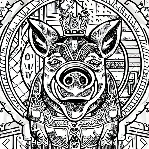 Prompt: Highly detailed comic book style drawing of a pig wearing a gold crown, full body, zoomed out, retro, colorful, intricate, vector art, sharp